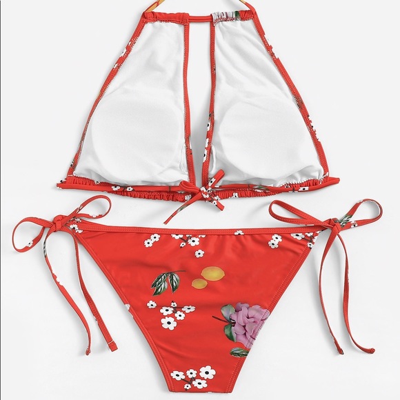 Floral Print Halter Top & Side Tie Bikini Set - Picture 2 of 6